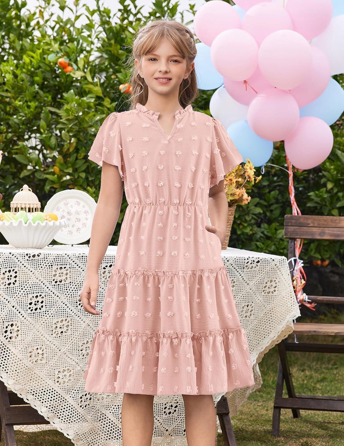 image:imageArshiner Girls 2025 Summer Dresses Pom Poms Flutter Ruffle Sleeve Midi Polka Dot V Neck Dress with PocketsLight Pink