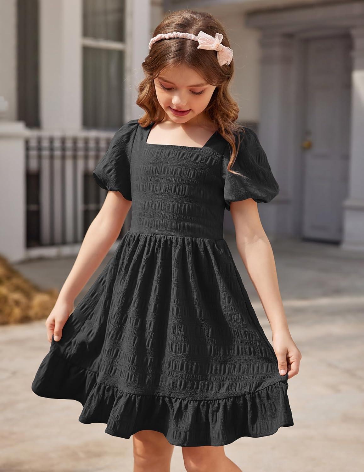 image:imageArshiner Girls Backless Dress Short Sleeve Square Neck Ruffle Hem Elegant DressesBlack