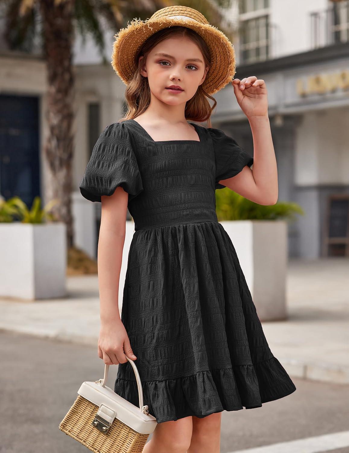 image:imageArshiner Girls Backless Dress Short Sleeve Square Neck Ruffle Hem Elegant DressesBlack