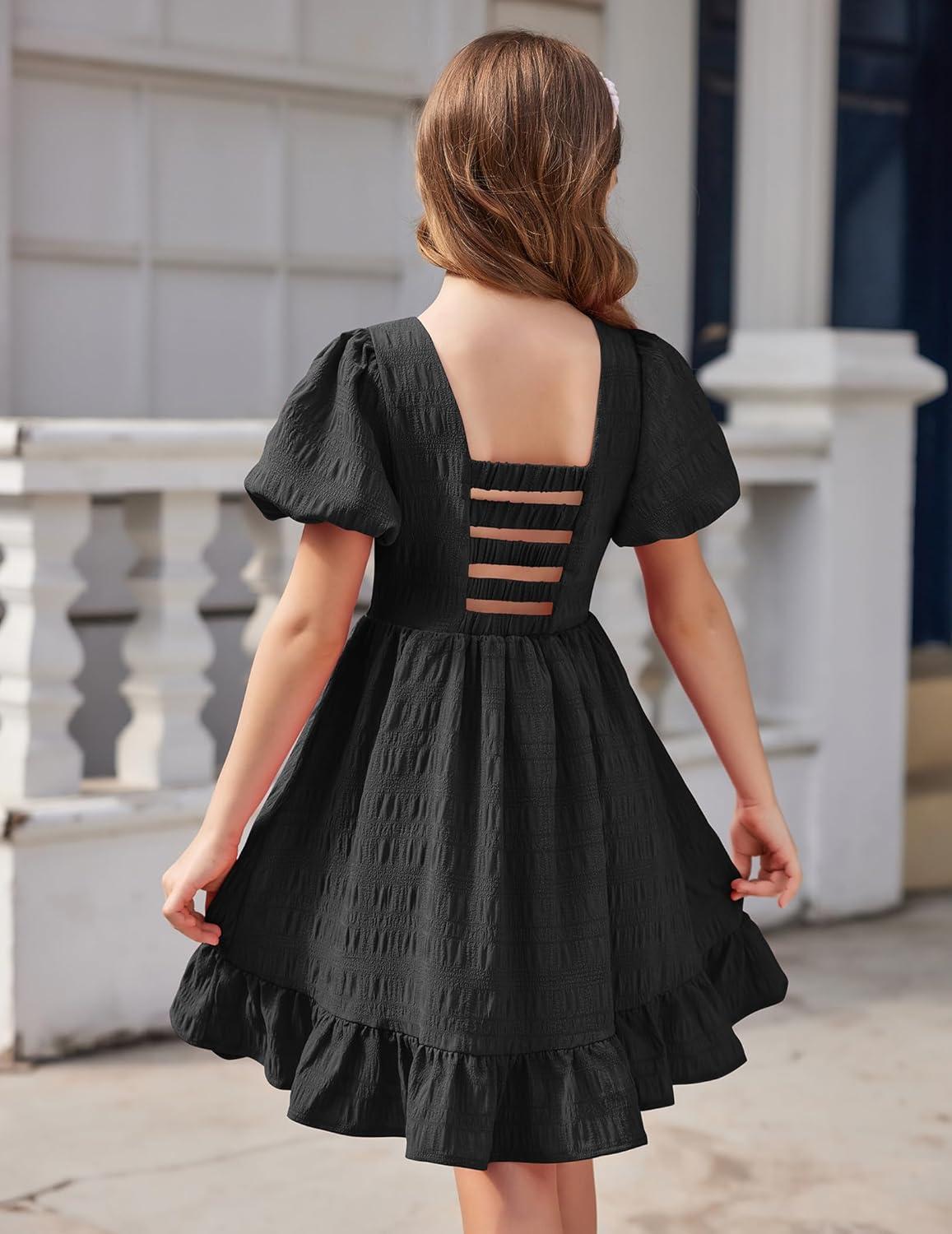 image:imageArshiner Girls Backless Dress Short Sleeve Square Neck Ruffle Hem Elegant DressesBlack