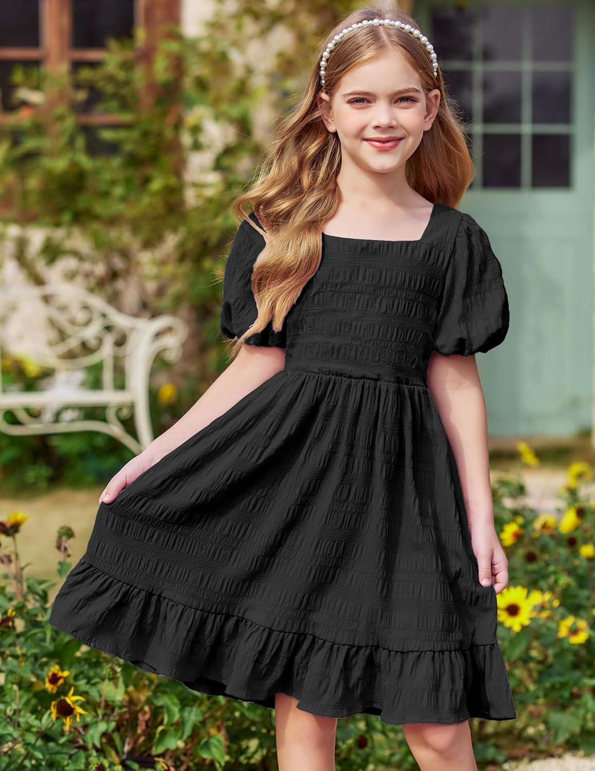 image:imageArshiner Girls Backless Dress Short Sleeve Square Neck Ruffle Hem Elegant DressesBlack