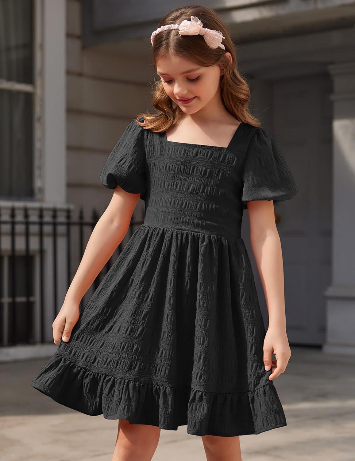 image:imageArshiner Girls Backless Dress Short Sleeve Square Neck Ruffle Hem Elegant DressesBlack