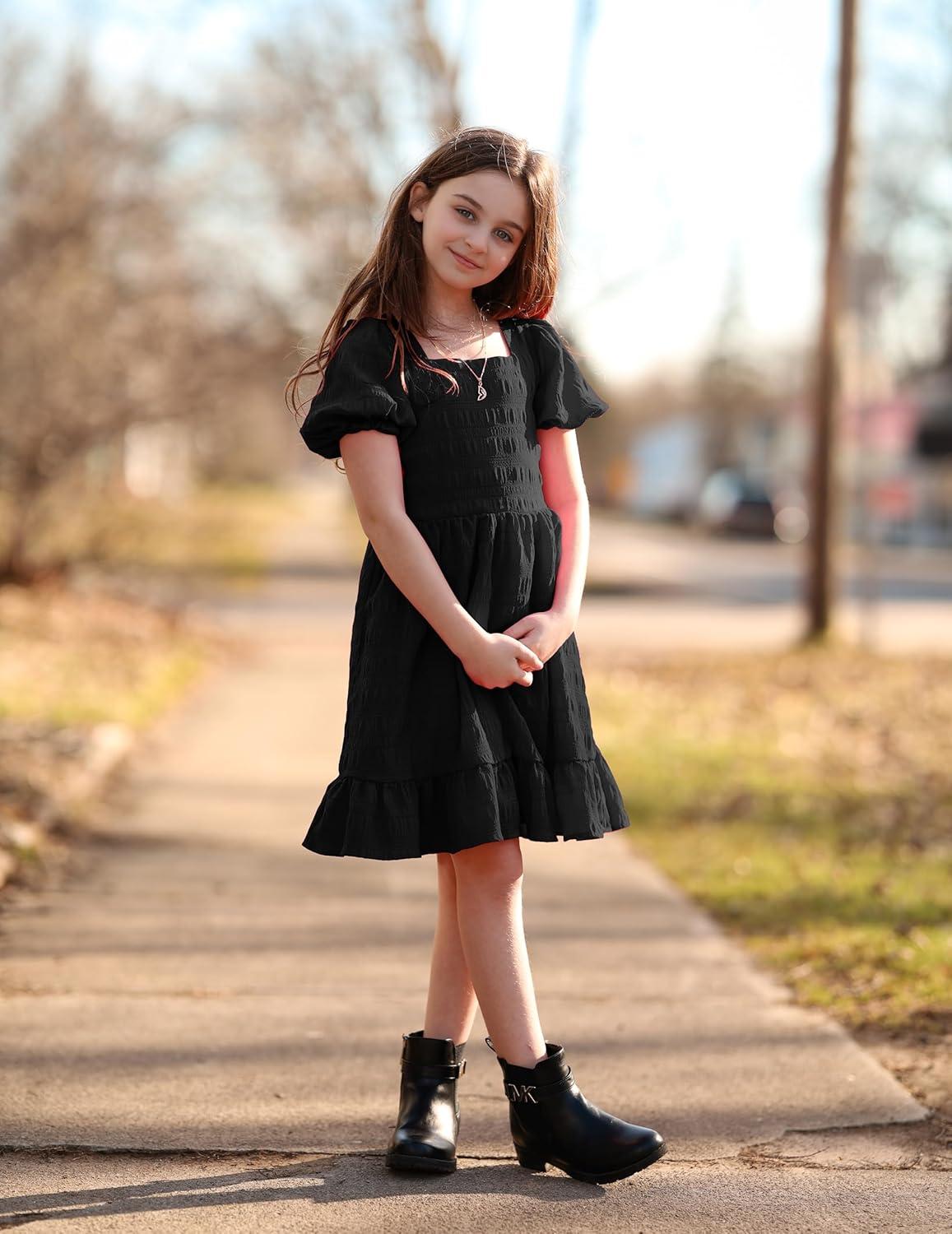 image:imageArshiner Girls Backless Dress Short Sleeve Square Neck Ruffle Hem Elegant DressesBlack