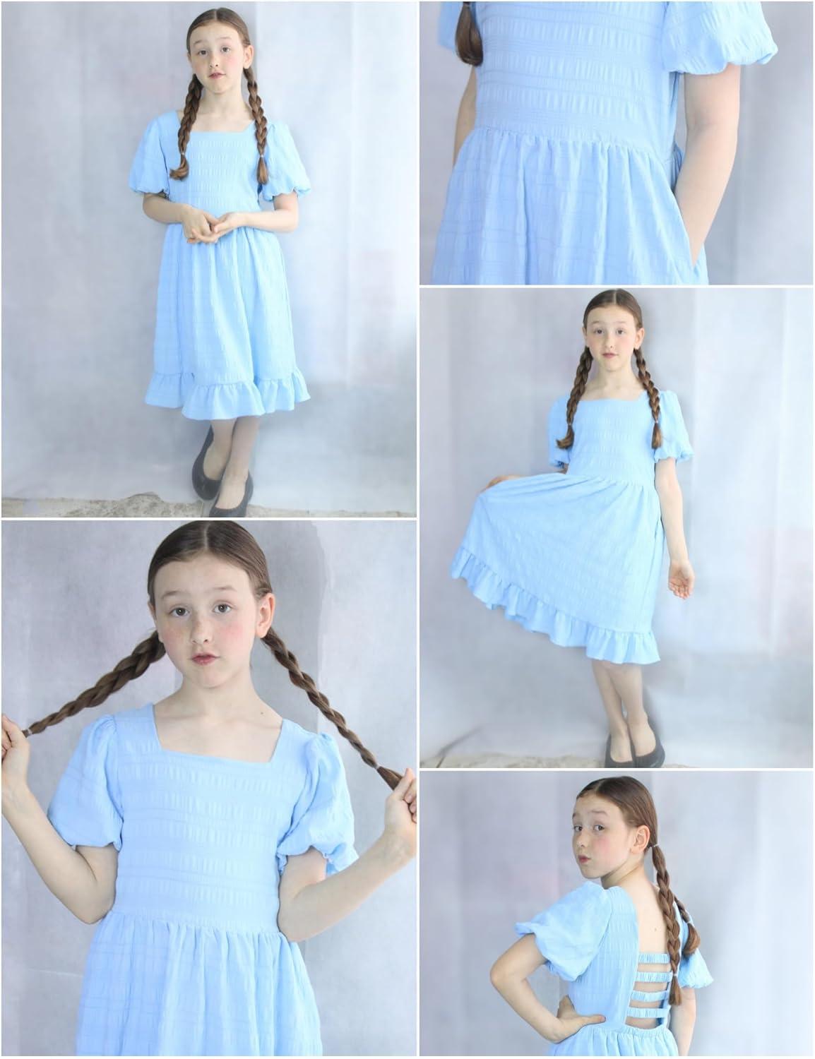 image:imageArshiner Girls Backless Dress Short Sleeve Square Neck Ruffle Hem Elegant DressesBlue