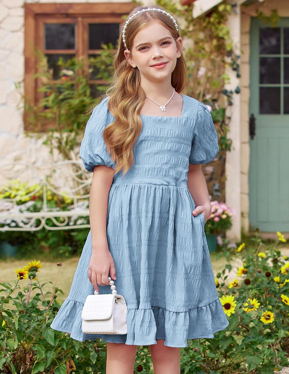 image:imageArshiner Girls Backless Dress Short Sleeve Square Neck Ruffle Hem Elegant DressesBlue