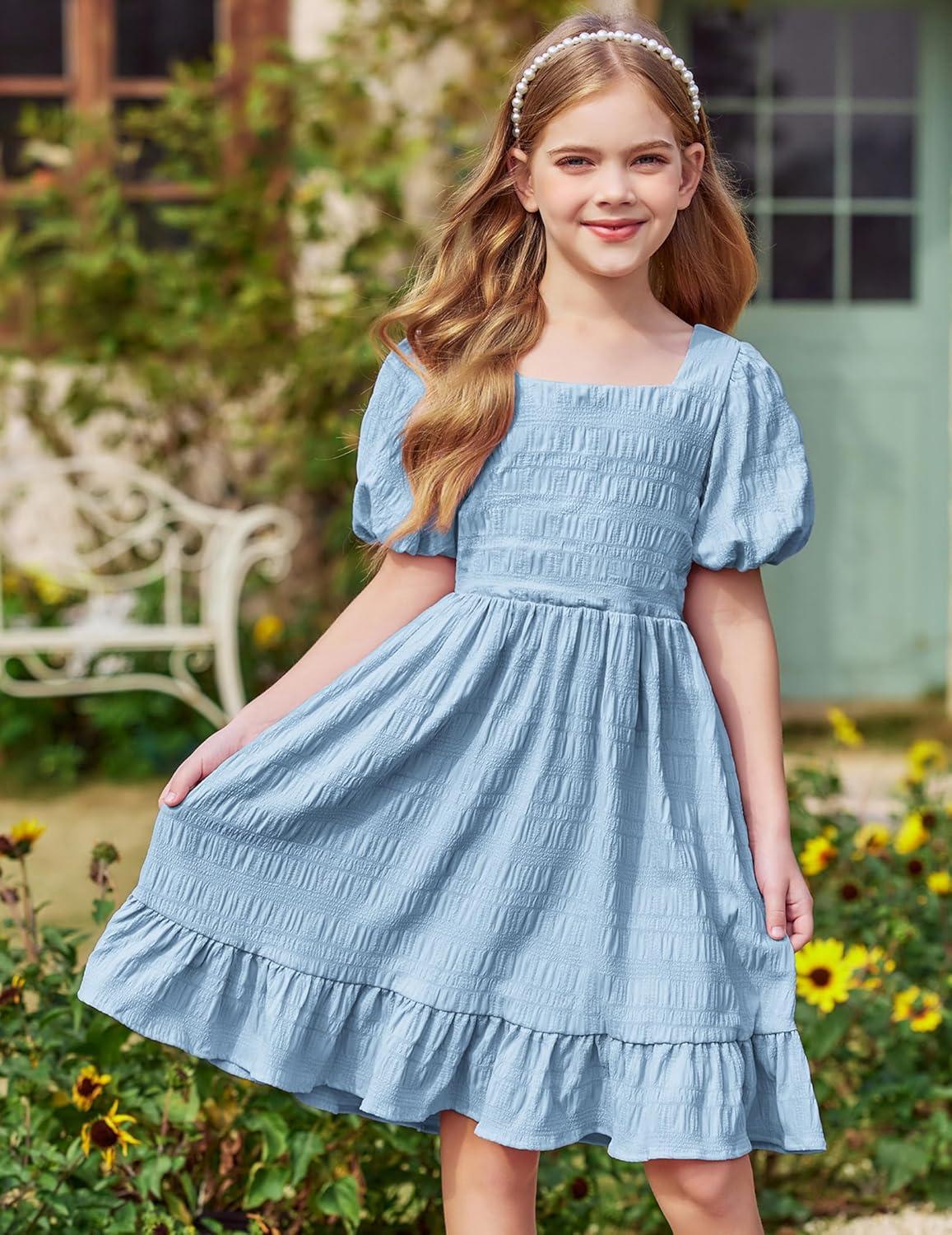 image:imageArshiner Girls Backless Dress Short Sleeve Square Neck Ruffle Hem Elegant DressesBlue