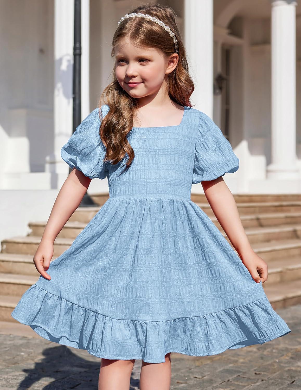 image:imageArshiner Girls Backless Dress Short Sleeve Square Neck Ruffle Hem Elegant DressesBlue