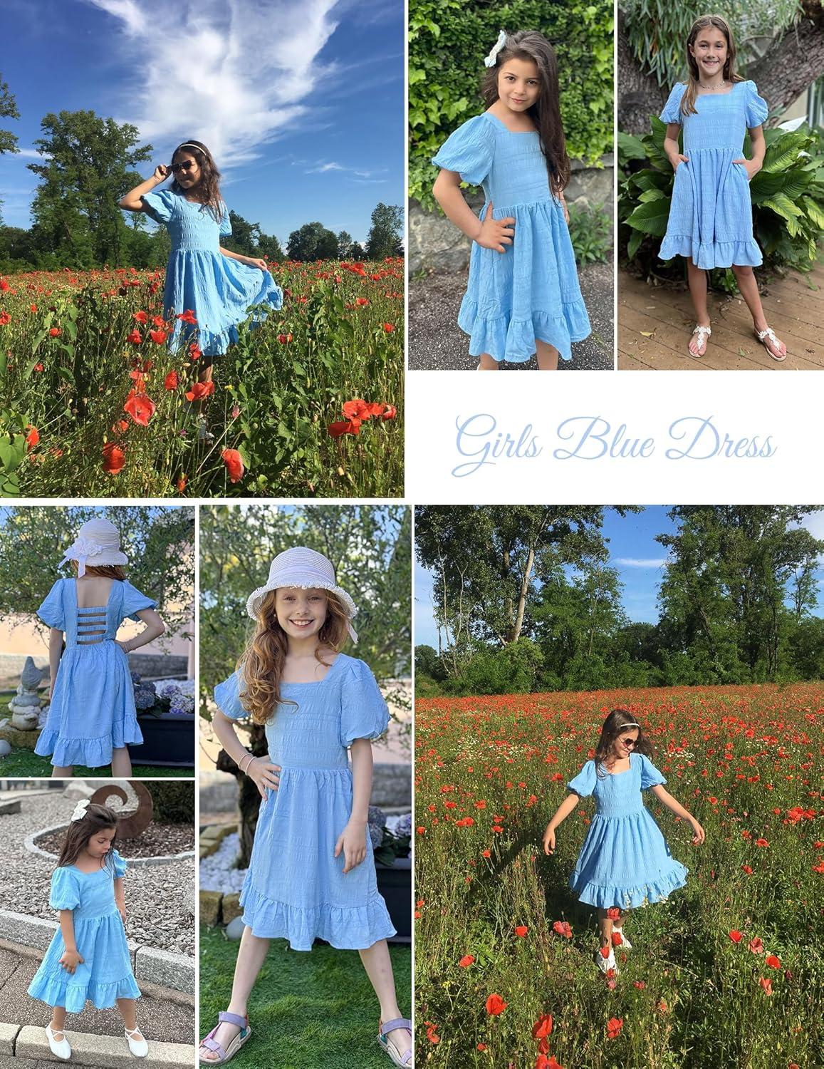 image:imageArshiner Girls Backless Dress Short Sleeve Square Neck Ruffle Hem Elegant DressesBlue