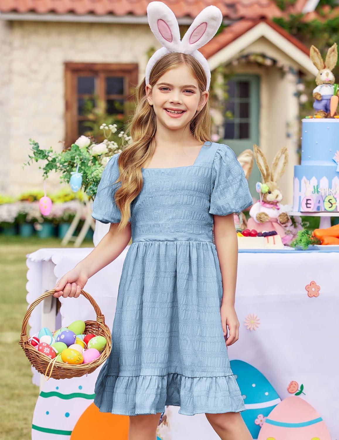 image:imageArshiner Girls Backless Dress Short Sleeve Square Neck Ruffle Hem Elegant DressesBlue