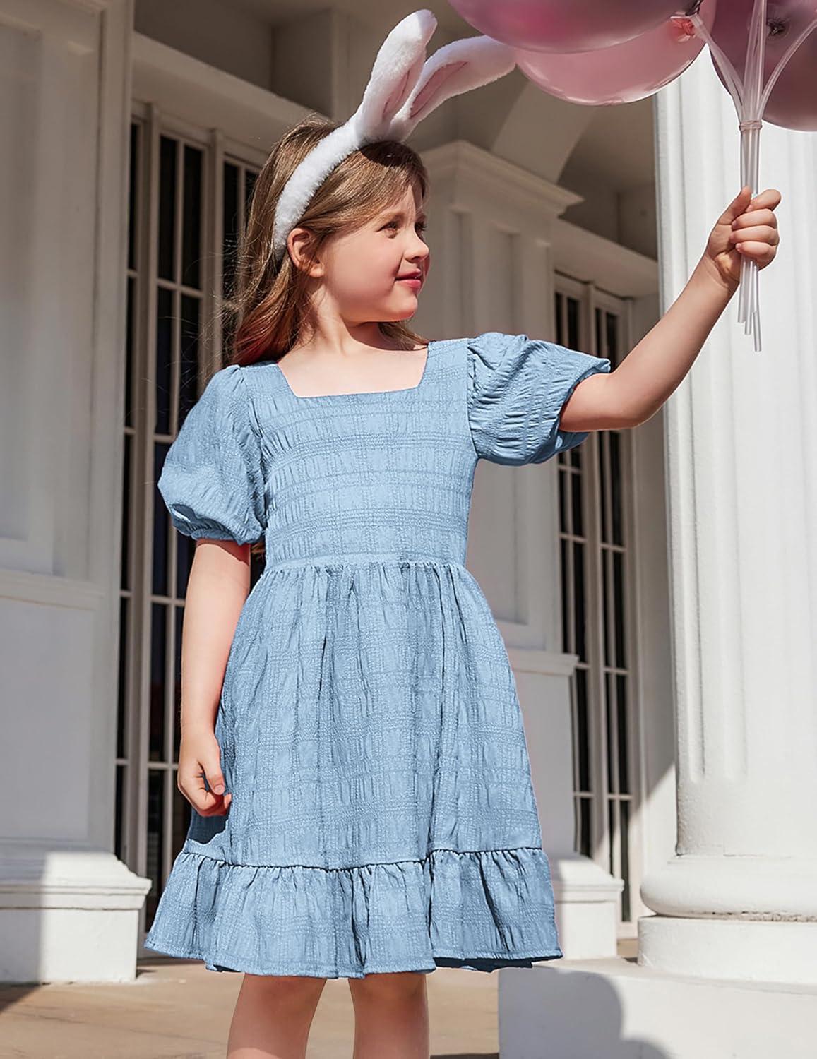 image:imageArshiner Girls Backless Dress Short Sleeve Square Neck Ruffle Hem Elegant DressesBlue