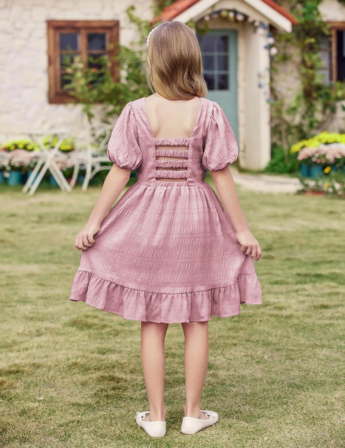 image:imageArshiner Girls Backless Dress Short Sleeve Square Neck Ruffle Hem Elegant DressesDark Pink