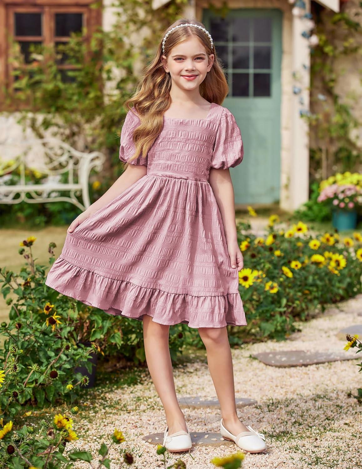 image:imageArshiner Girls Backless Dress Short Sleeve Square Neck Ruffle Hem Elegant DressesDark Pink