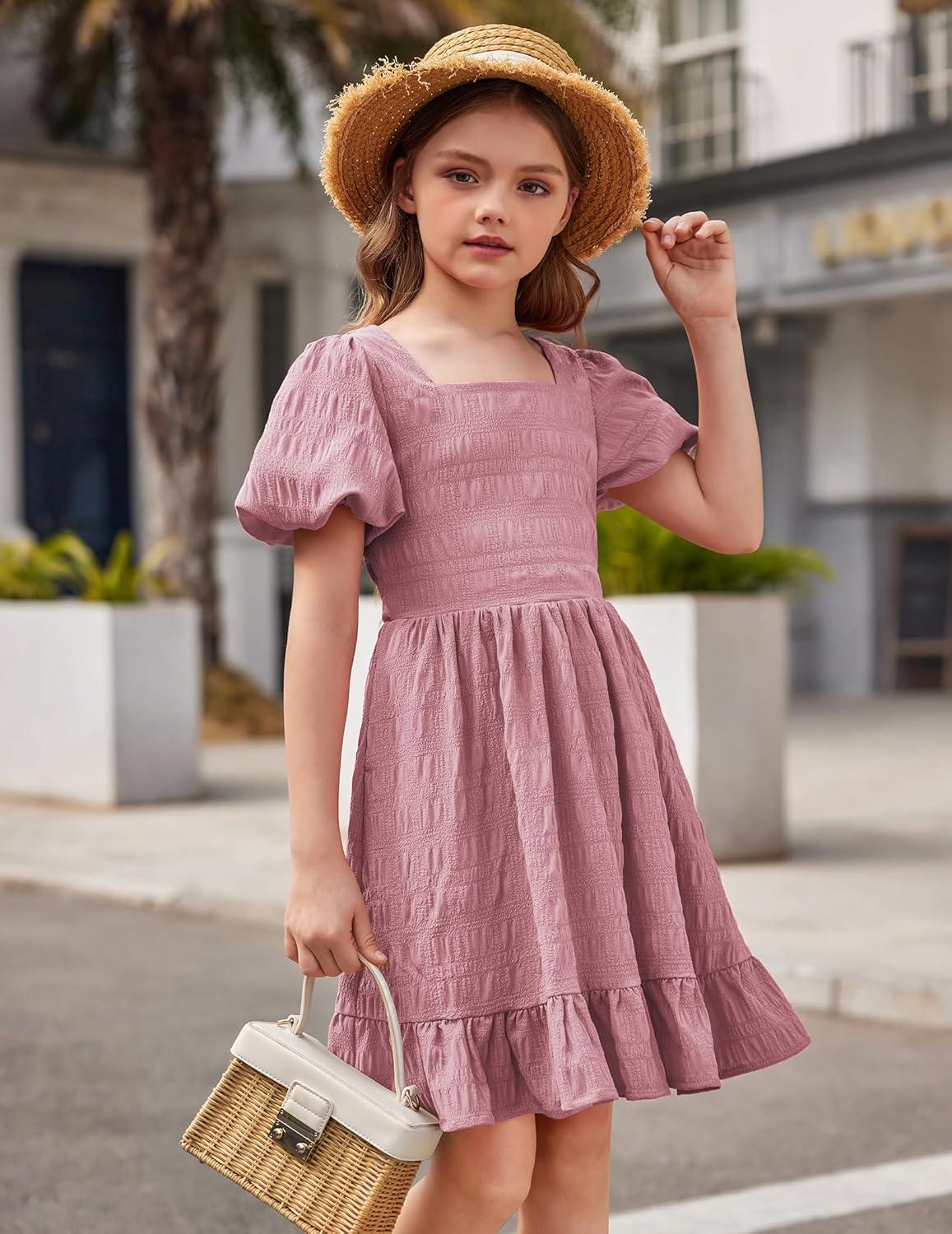image:imageArshiner Girls Backless Dress Short Sleeve Square Neck Ruffle Hem Elegant DressesDark Pink
