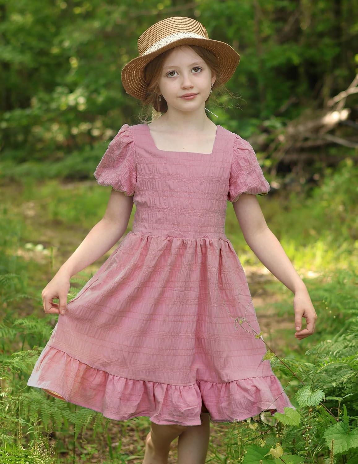 image:imageArshiner Girls Backless Dress Short Sleeve Square Neck Ruffle Hem Elegant DressesDark Pink