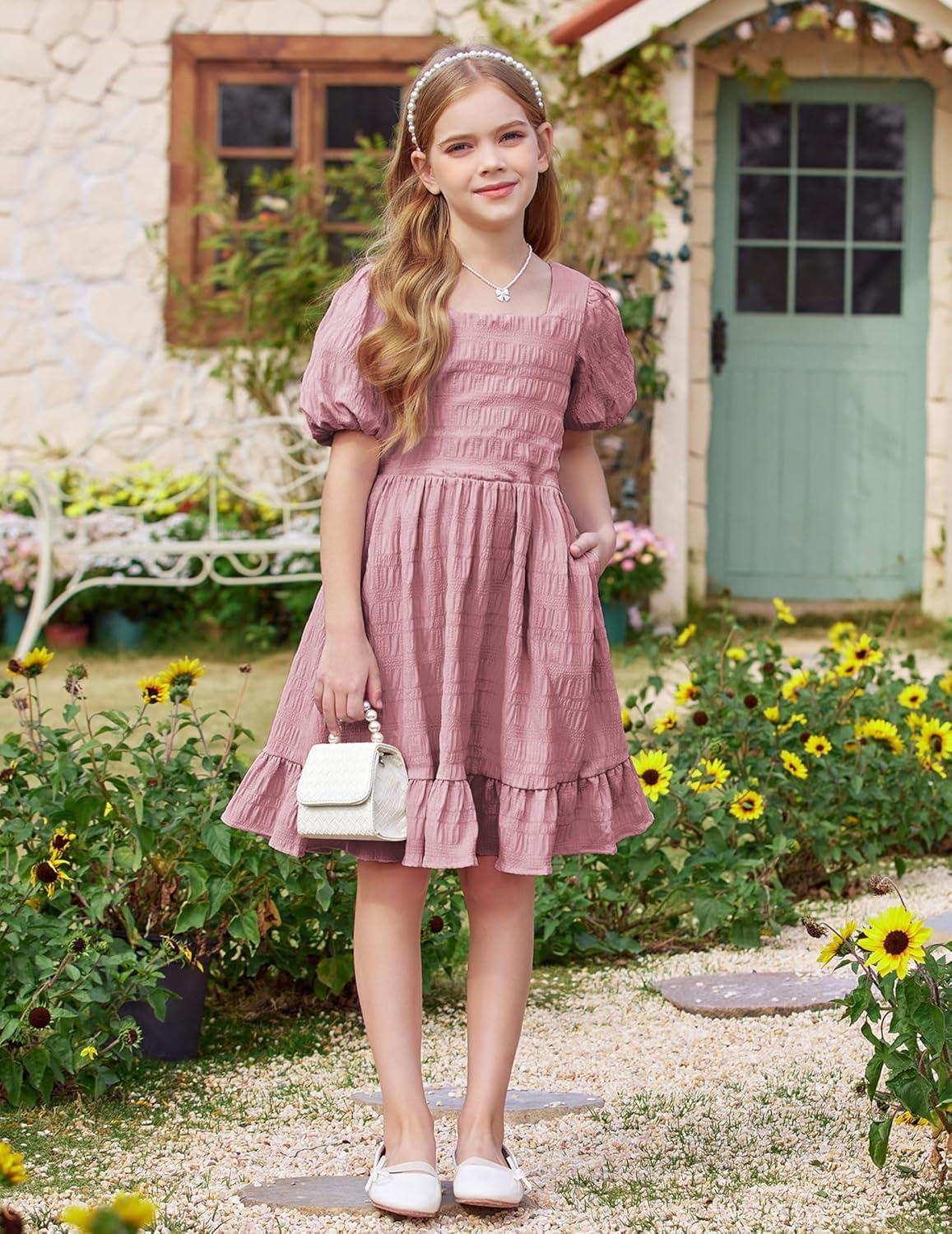 image:imageArshiner Girls Backless Dress Short Sleeve Square Neck Ruffle Hem Elegant DressesDark Pink