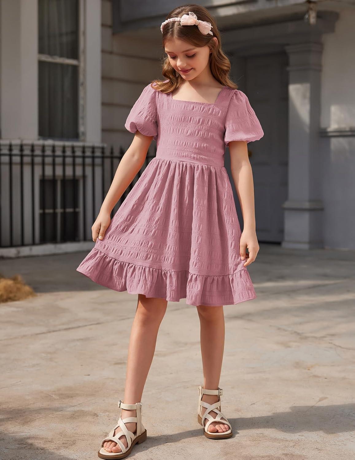 image:imageArshiner Girls Backless Dress Short Sleeve Square Neck Ruffle Hem Elegant DressesDark Pink