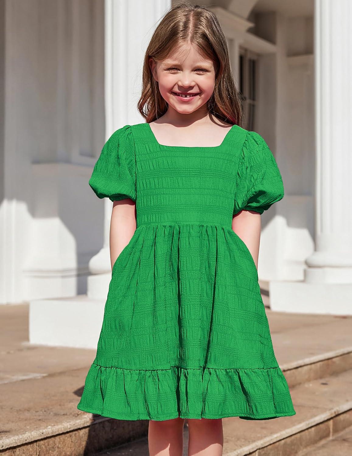 image:imageArshiner Girls Backless Dress Short Sleeve Square Neck Ruffle Hem Elegant DressesGreen