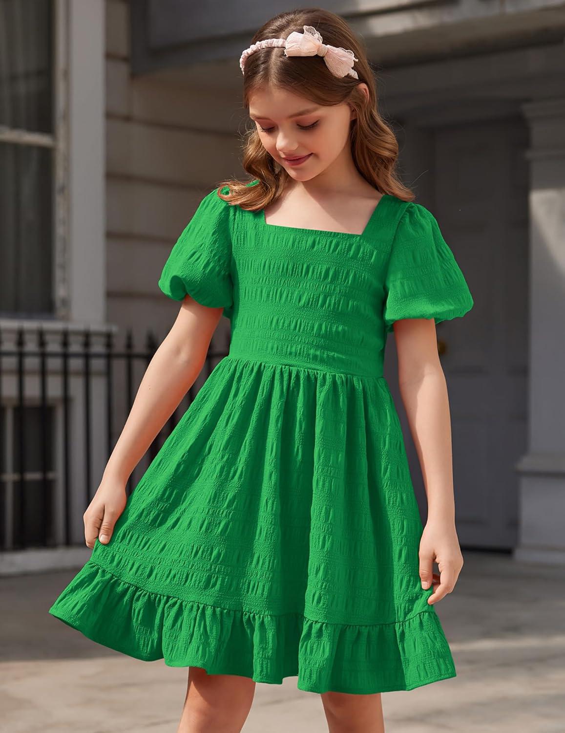 image:imageArshiner Girls Backless Dress Short Sleeve Square Neck Ruffle Hem Elegant DressesGreen