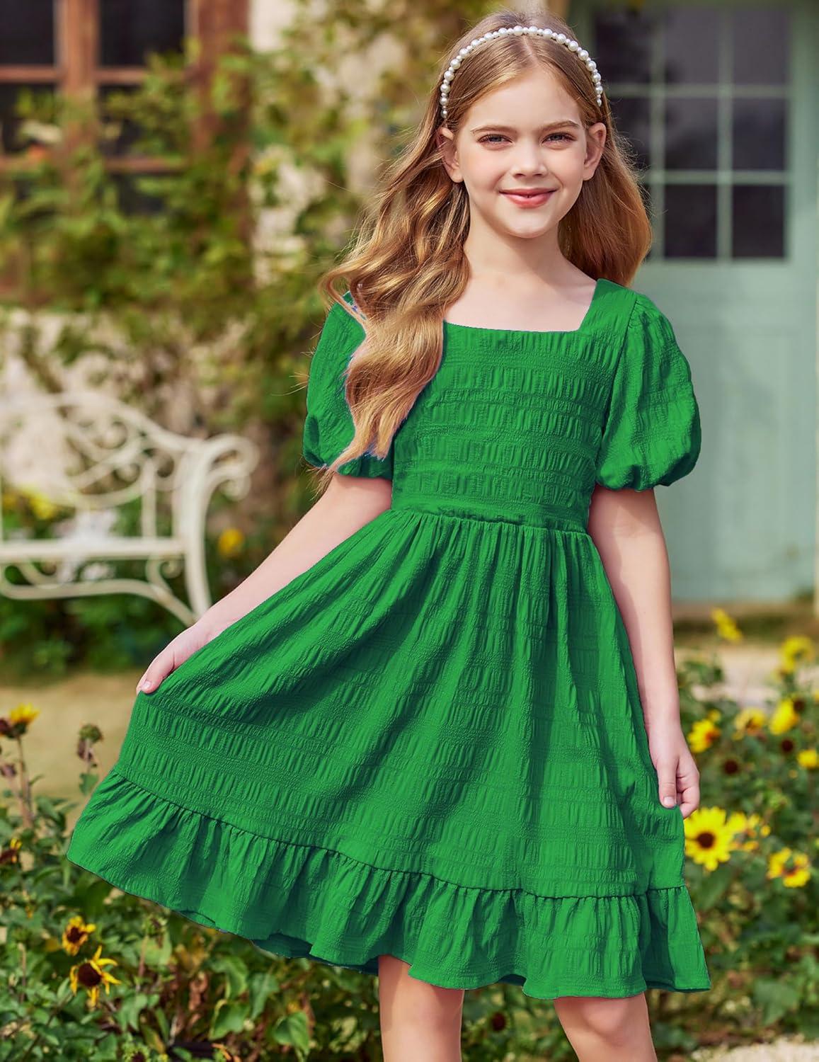 image:imageArshiner Girls Backless Dress Short Sleeve Square Neck Ruffle Hem Elegant DressesGreen