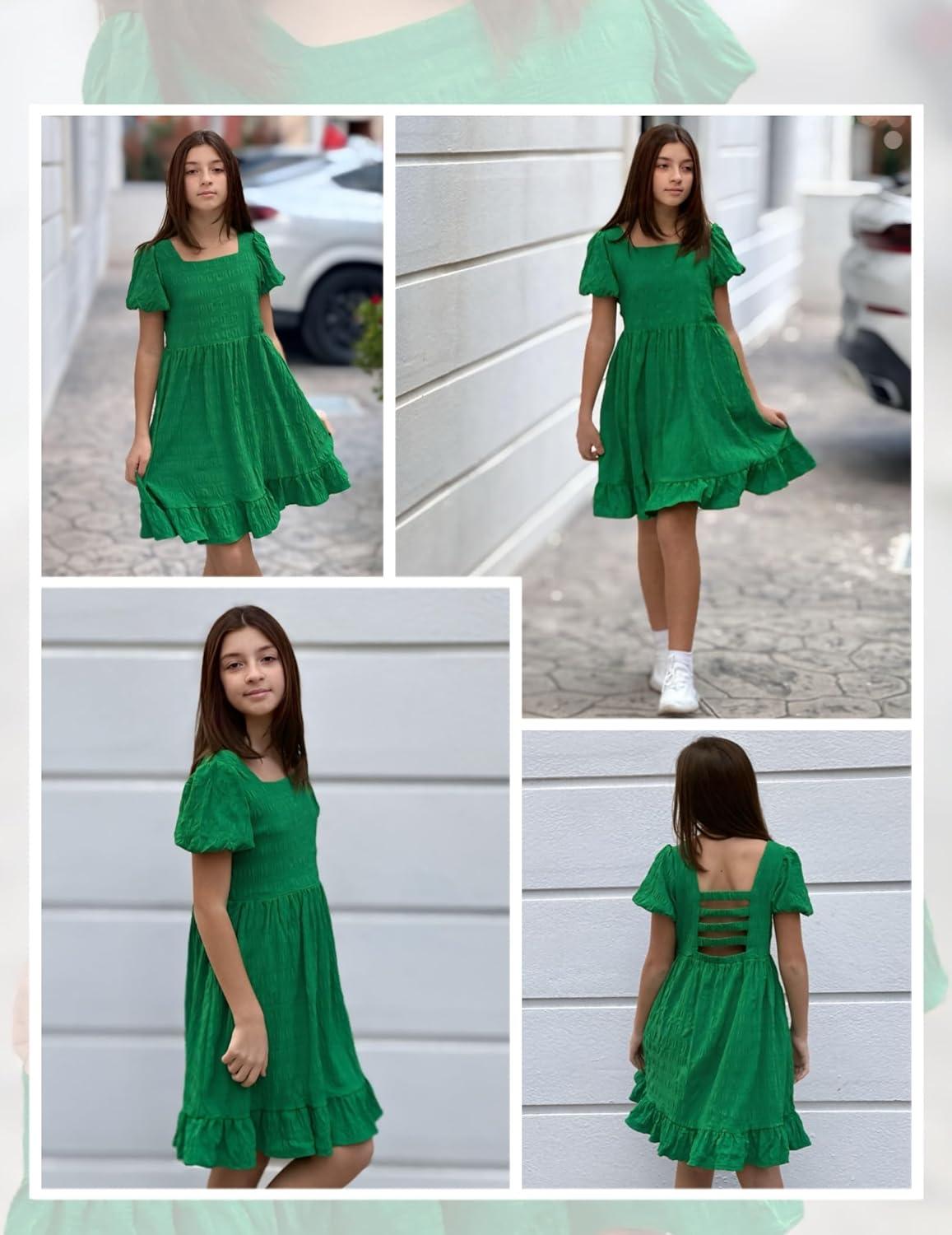 image:imageArshiner Girls Backless Dress Short Sleeve Square Neck Ruffle Hem Elegant DressesGreen