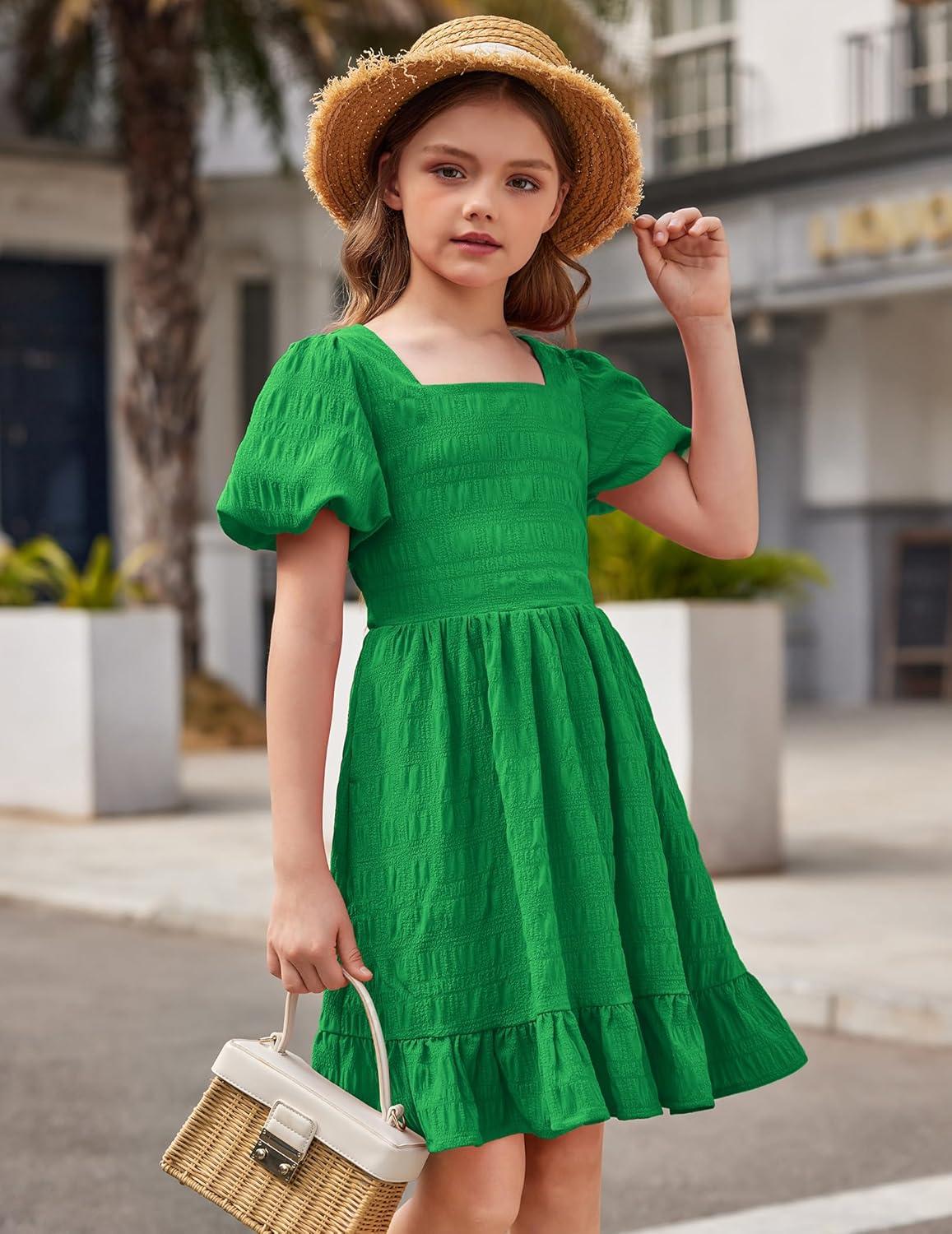 image:imageArshiner Girls Backless Dress Short Sleeve Square Neck Ruffle Hem Elegant DressesGreen