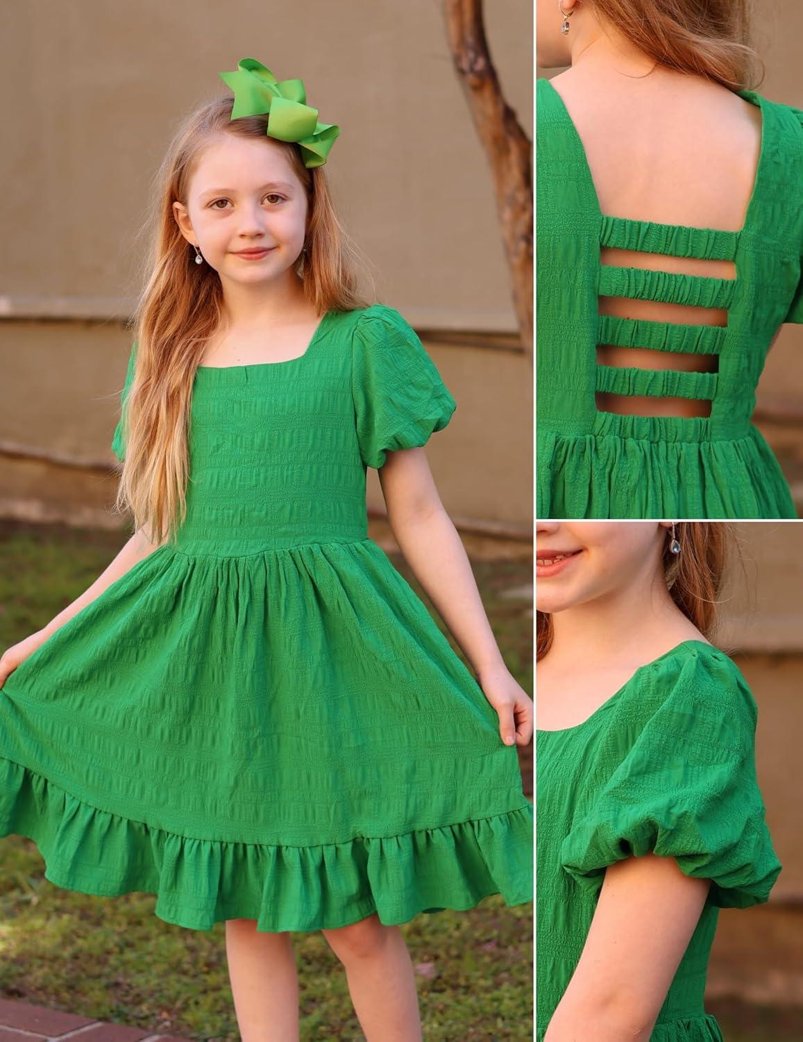 image:imageArshiner Girls Backless Dress Short Sleeve Square Neck Ruffle Hem Elegant DressesGreen