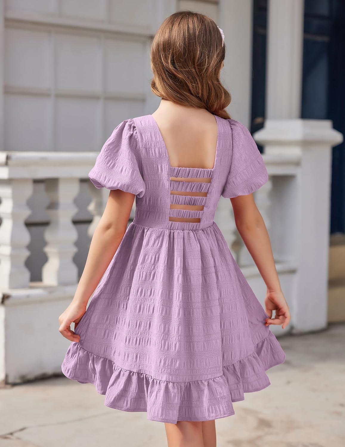image:imageArshiner Girls Backless Dress Short Sleeve Square Neck Ruffle Hem Elegant DressesLilac
