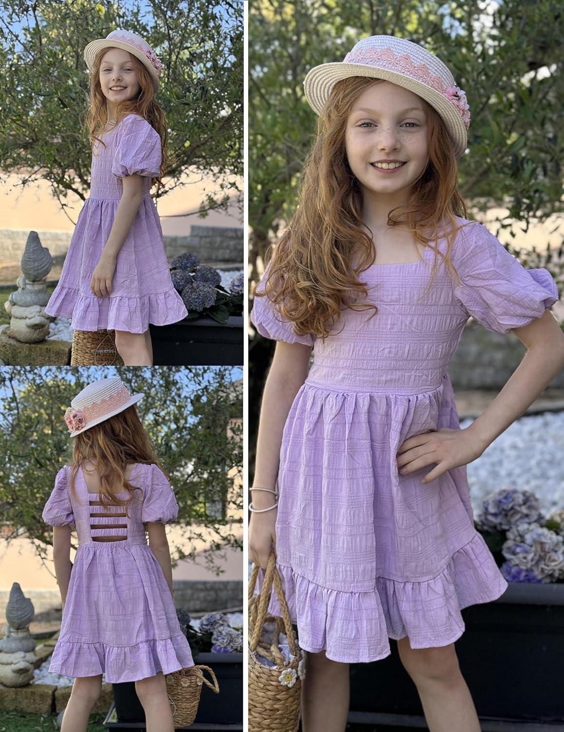 image:imageArshiner Girls Backless Dress Short Sleeve Square Neck Ruffle Hem Elegant DressesLilac
