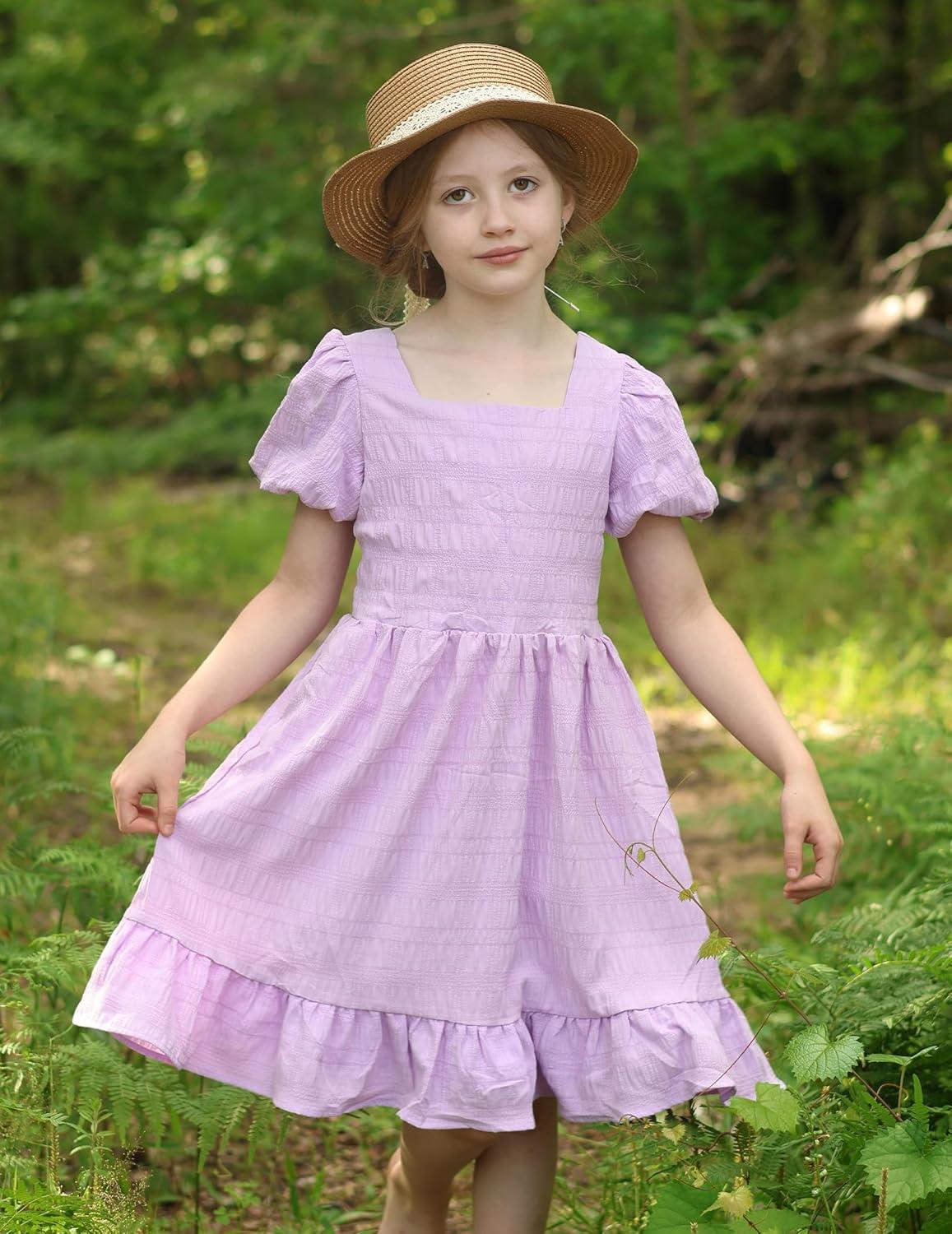 image:imageArshiner Girls Backless Dress Short Sleeve Square Neck Ruffle Hem Elegant DressesLilac