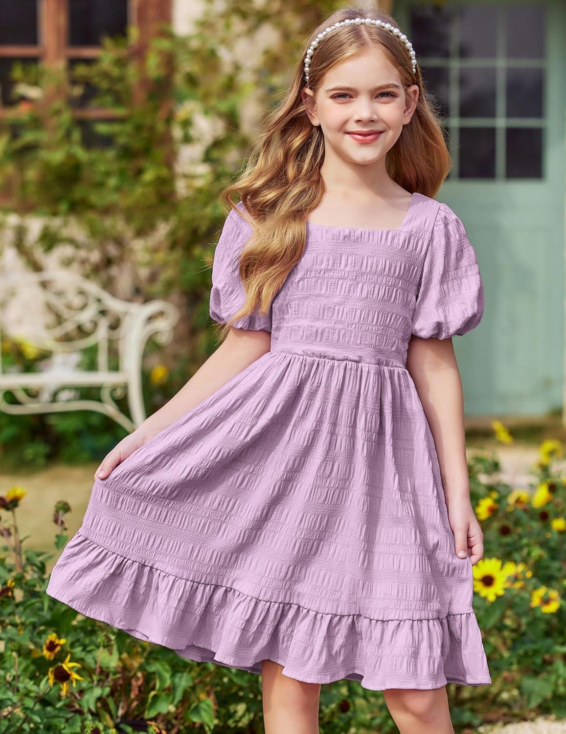 image:imageArshiner Girls Backless Dress Short Sleeve Square Neck Ruffle Hem Elegant DressesLilac