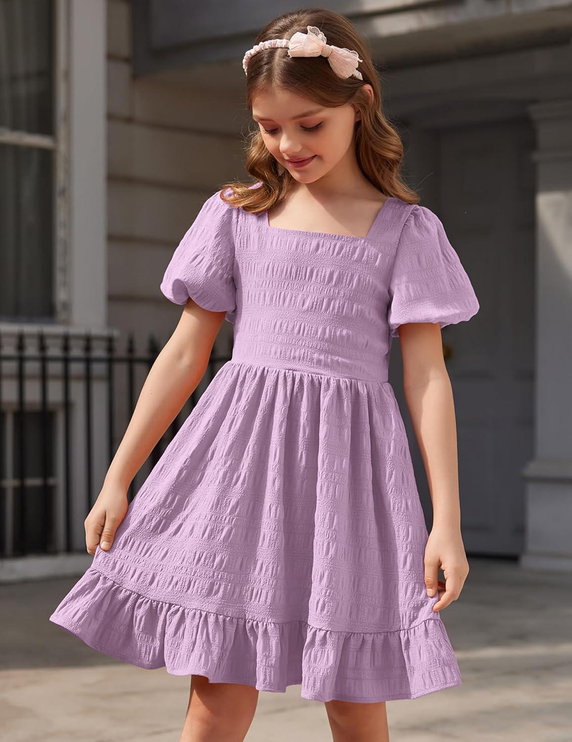image:imageArshiner Girls Backless Dress Short Sleeve Square Neck Ruffle Hem Elegant DressesLilac