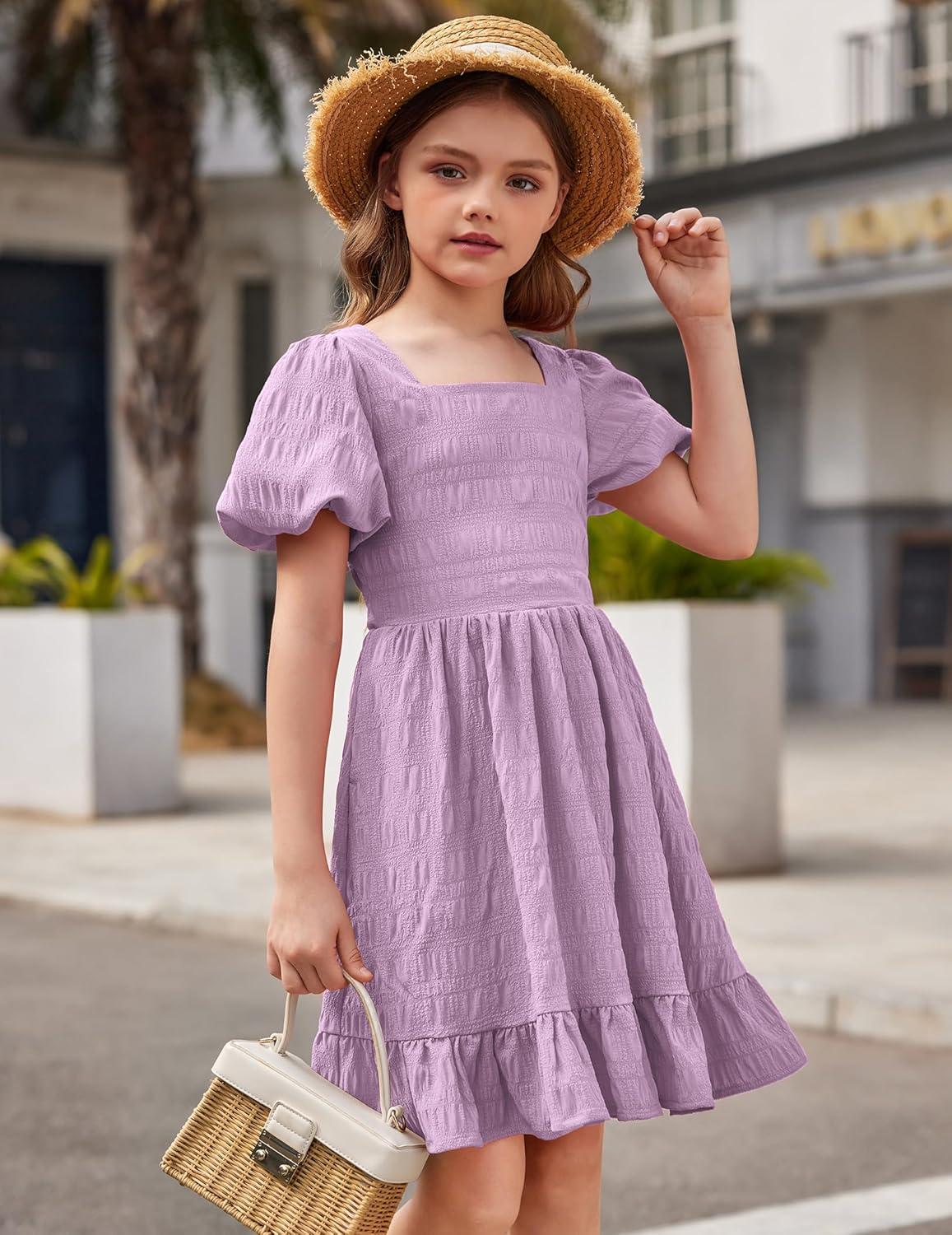 image:imageArshiner Girls Backless Dress Short Sleeve Square Neck Ruffle Hem Elegant DressesLilac