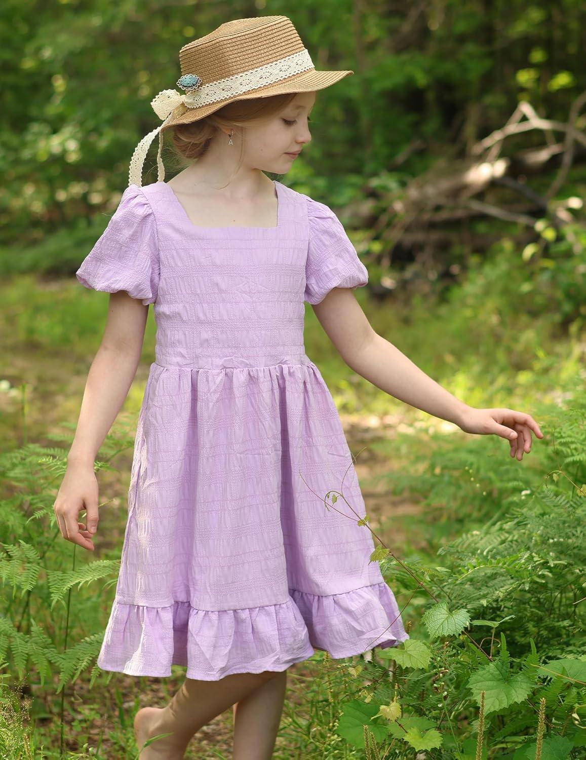 image:imageArshiner Girls Backless Dress Short Sleeve Square Neck Ruffle Hem Elegant DressesLilac