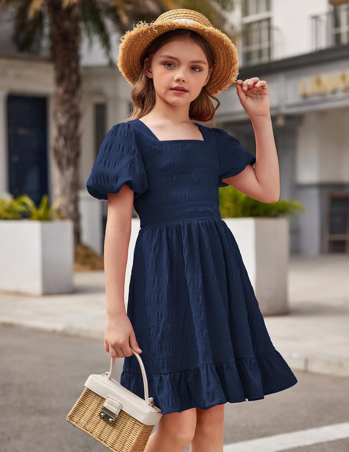 image:imageArshiner Girls Backless Dress Short Sleeve Square Neck Ruffle Hem Elegant DressesNavy Blue