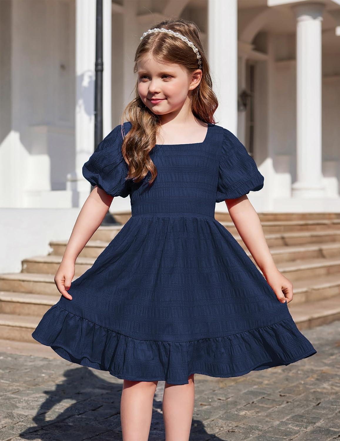 image:imageArshiner Girls Backless Dress Short Sleeve Square Neck Ruffle Hem Elegant DressesNavy Blue