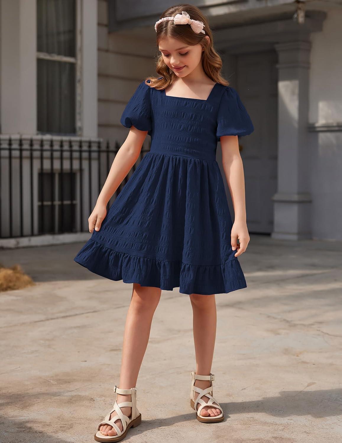 image:imageArshiner Girls Backless Dress Short Sleeve Square Neck Ruffle Hem Elegant DressesNavy Blue