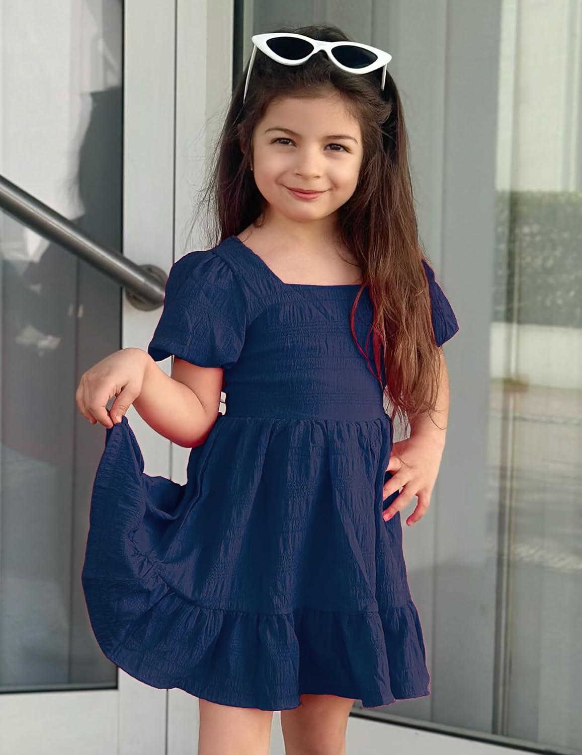 image:imageArshiner Girls Backless Dress Short Sleeve Square Neck Ruffle Hem Elegant DressesNavy Blue