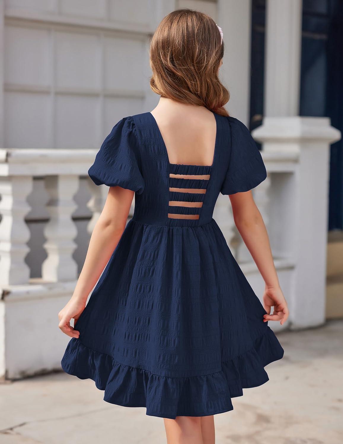 image:imageArshiner Girls Backless Dress Short Sleeve Square Neck Ruffle Hem Elegant DressesNavy Blue