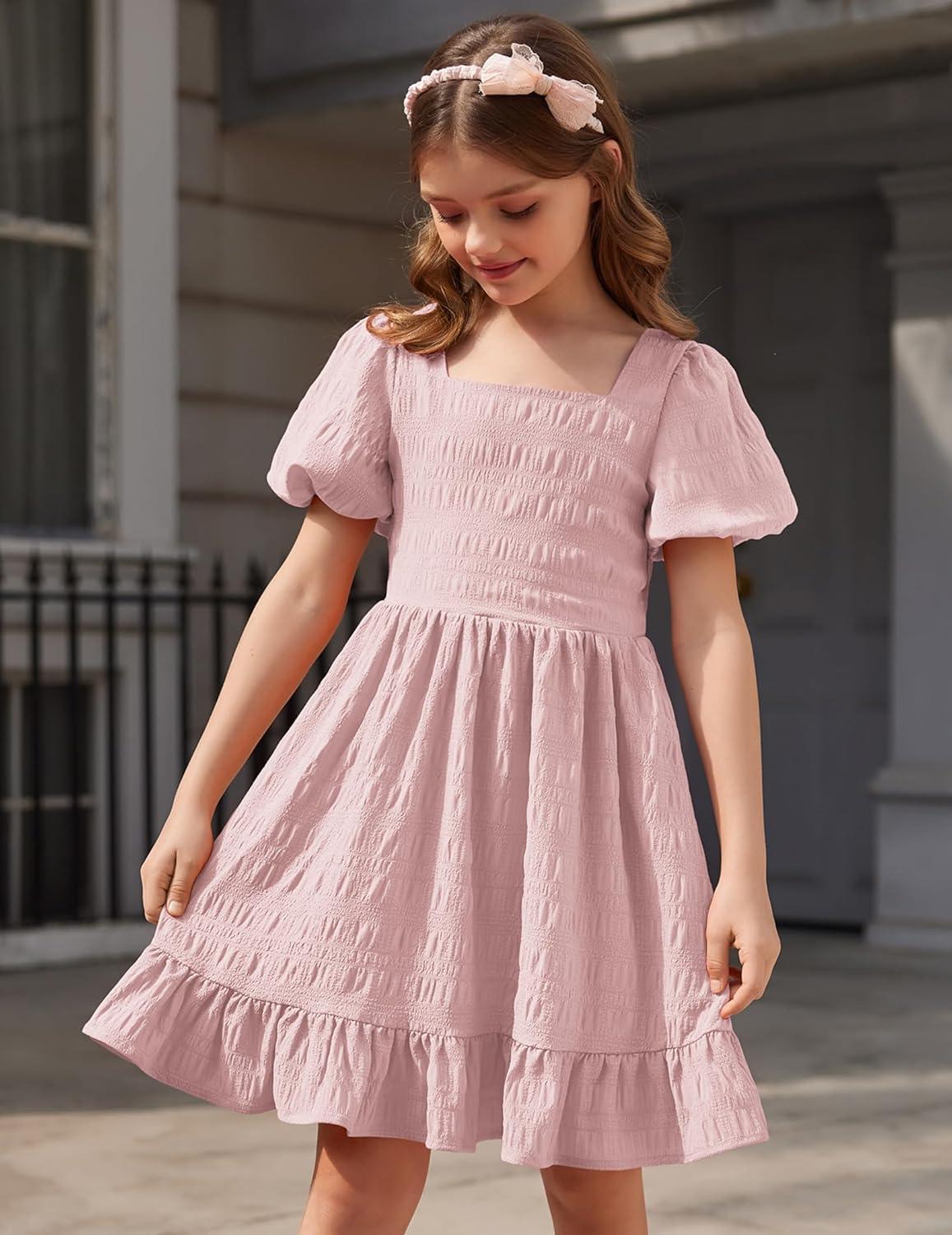 image:imageArshiner Girls Backless Dress Short Sleeve Square Neck Ruffle Hem Elegant DressesPink