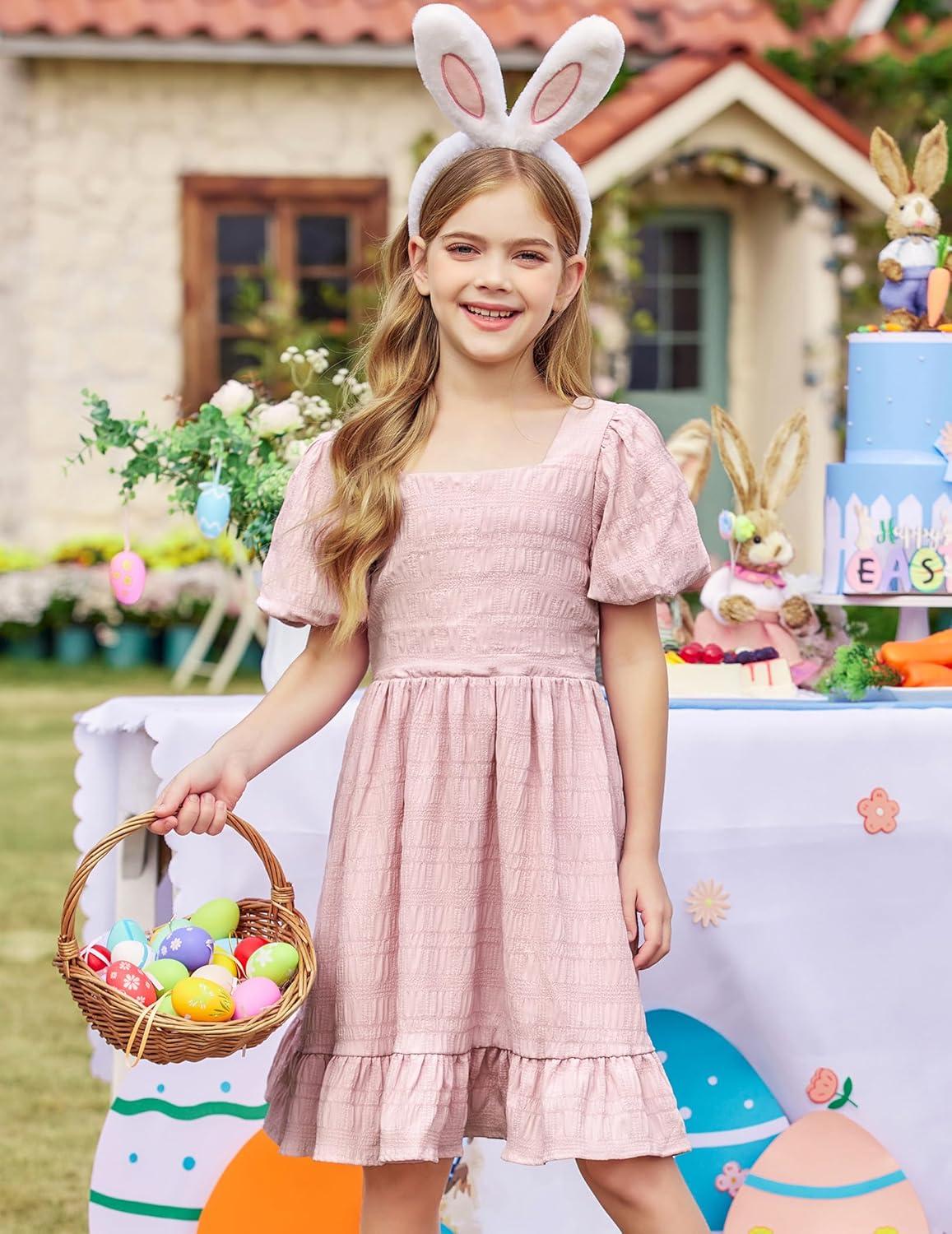 image:imageArshiner Girls Backless Dress Short Sleeve Square Neck Ruffle Hem Elegant DressesPink