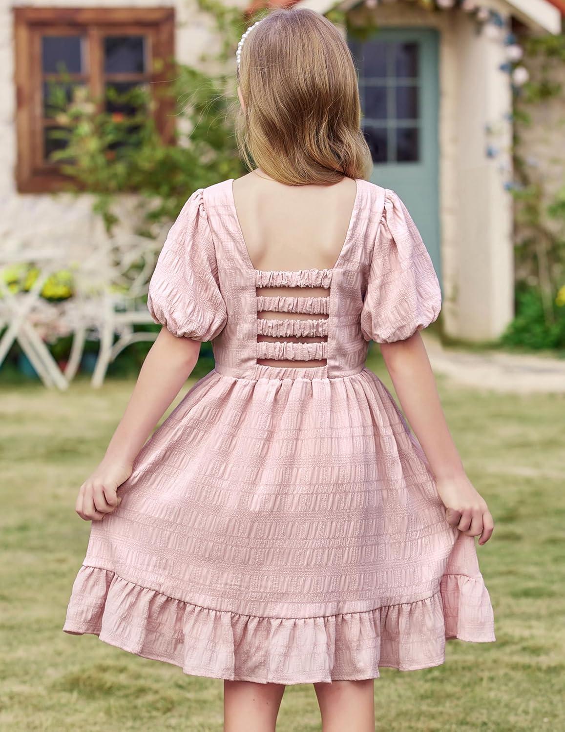 image:imageArshiner Girls Backless Dress Short Sleeve Square Neck Ruffle Hem Elegant DressesPink