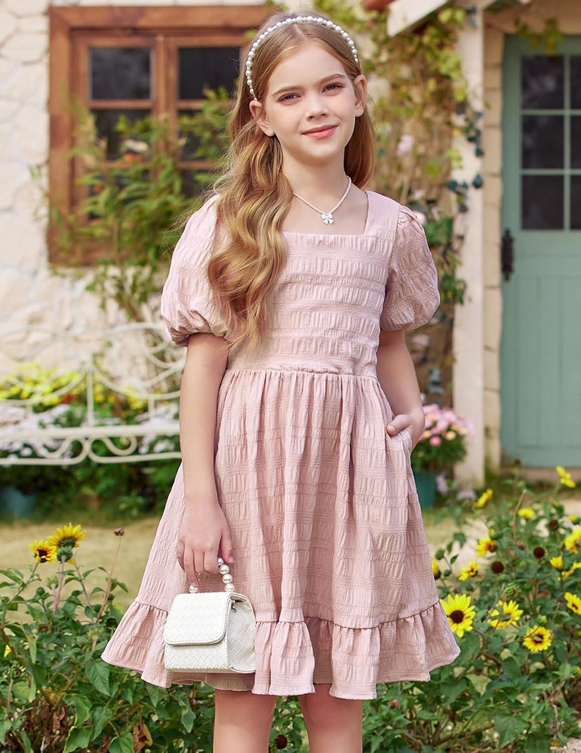 image:imageArshiner Girls Backless Dress Short Sleeve Square Neck Ruffle Hem Elegant DressesPink