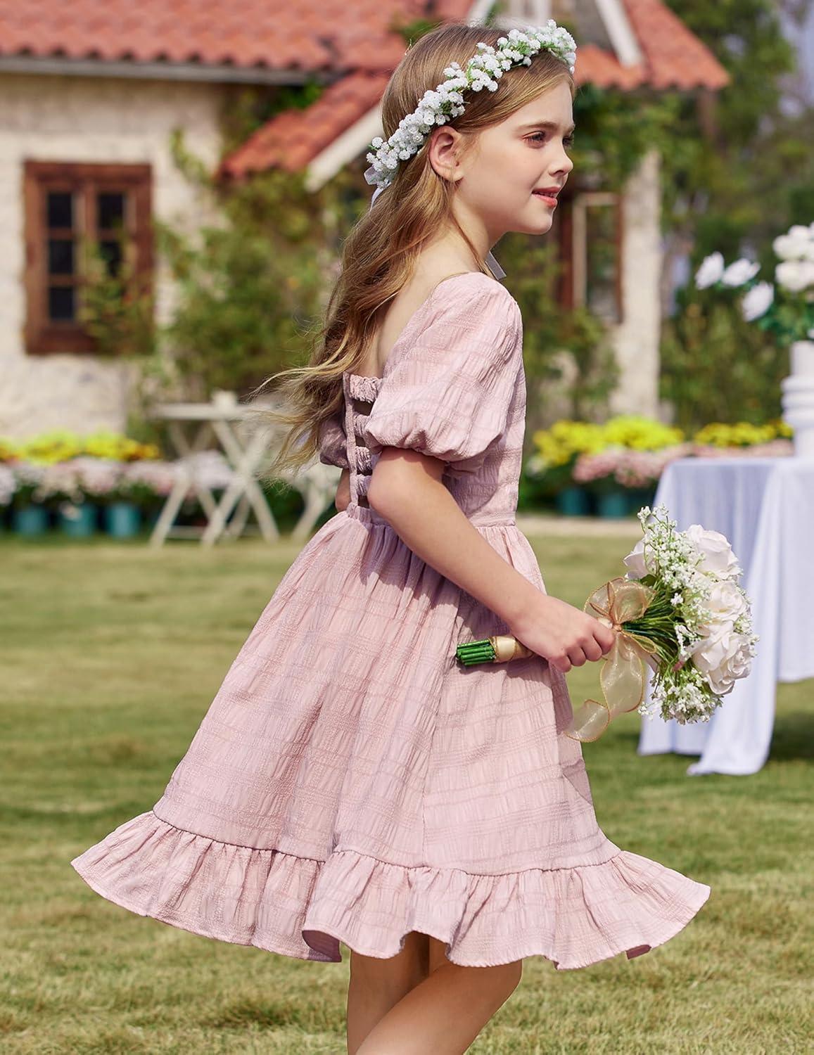 image:imageArshiner Girls Backless Dress Short Sleeve Square Neck Ruffle Hem Elegant DressesPink