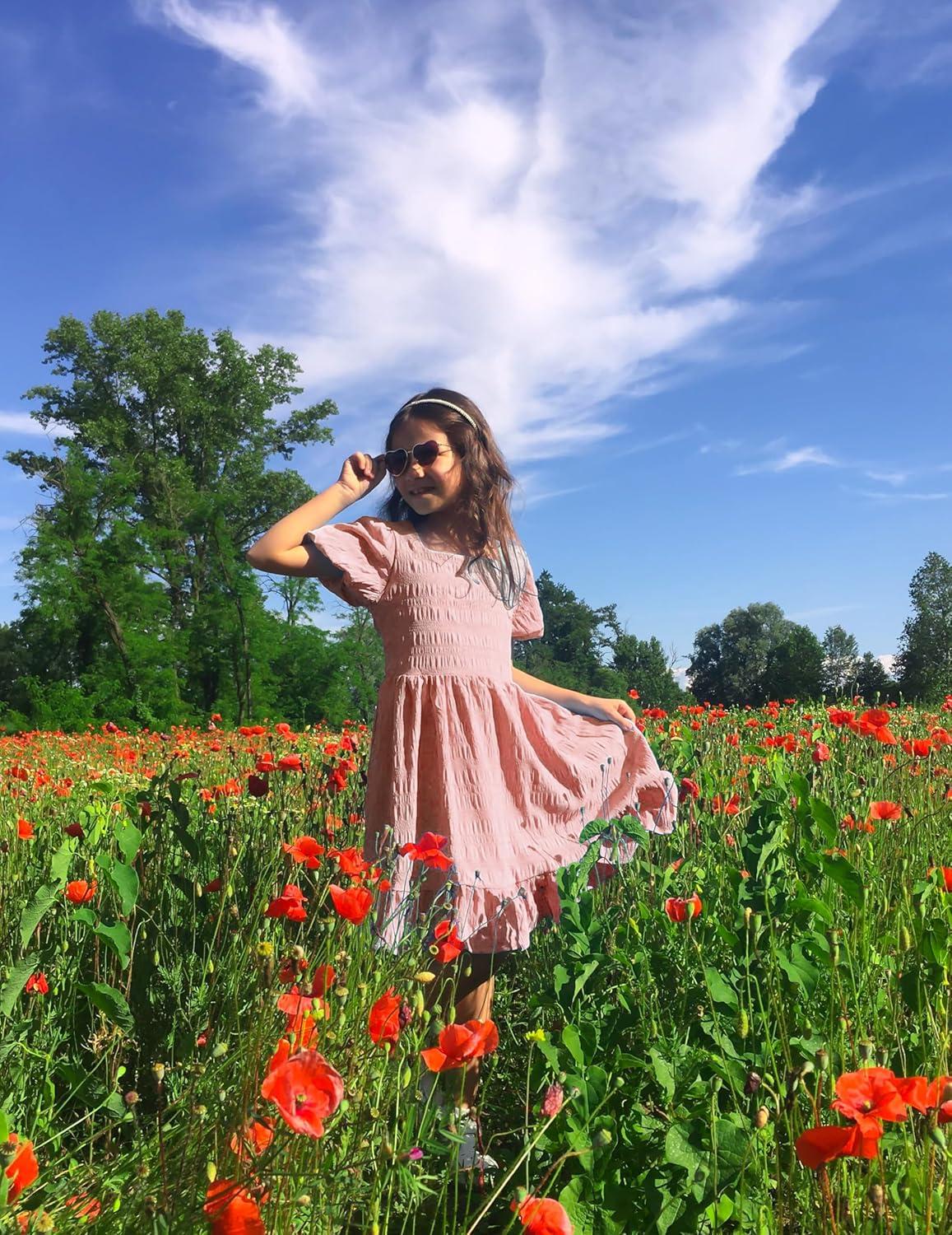 image:imageArshiner Girls Backless Dress Short Sleeve Square Neck Ruffle Hem Elegant DressesPink