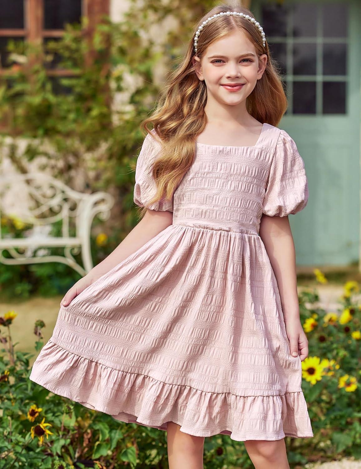 image:imageArshiner Girls Backless Dress Short Sleeve Square Neck Ruffle Hem Elegant DressesPink