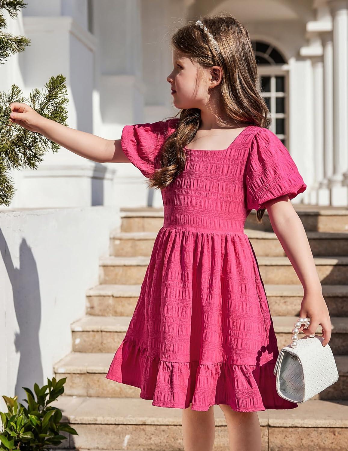 image:imageArshiner Girls Backless Dress Short Sleeve Square Neck Ruffle Hem Elegant DressesRose Red