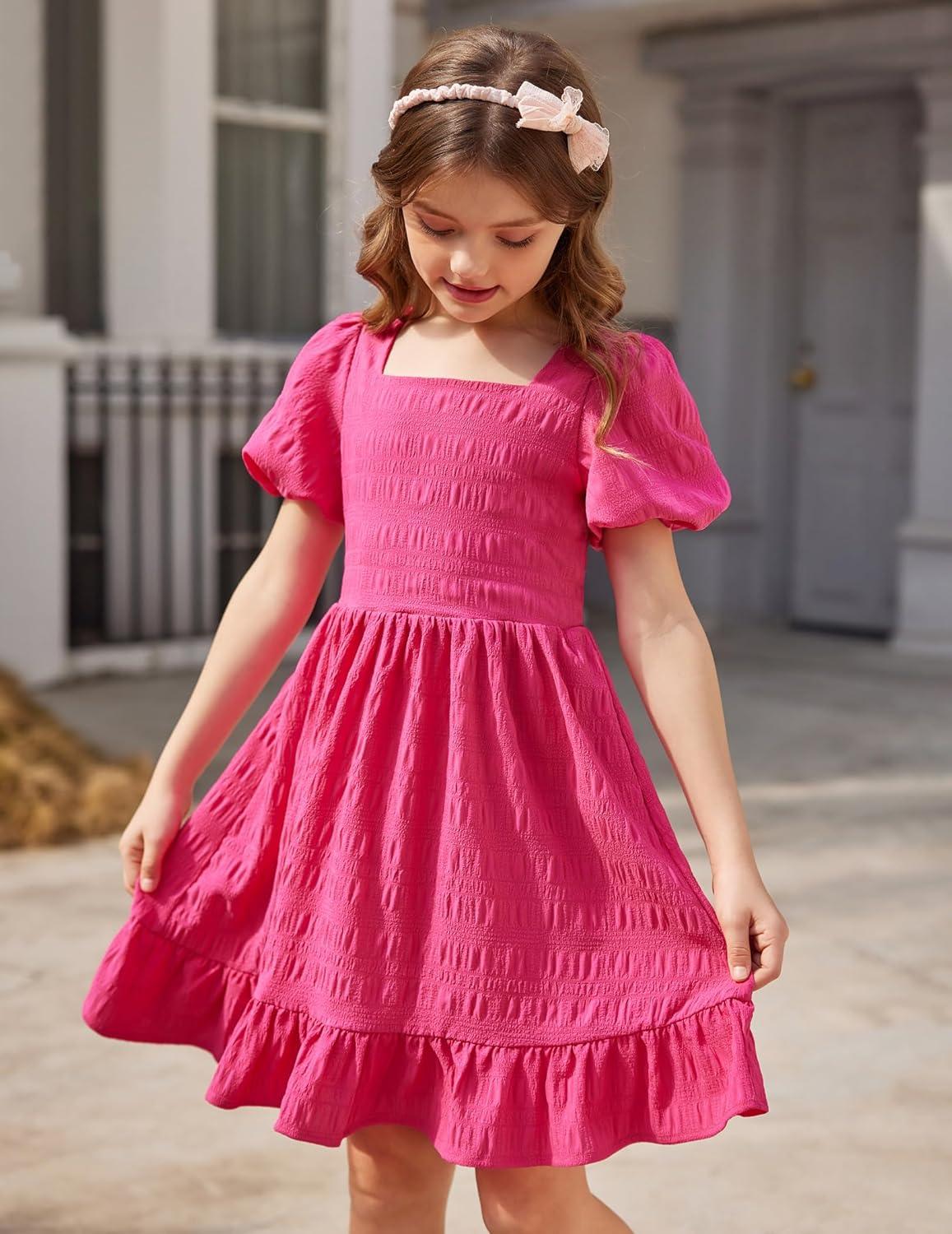 image:imageArshiner Girls Backless Dress Short Sleeve Square Neck Ruffle Hem Elegant DressesRose Red