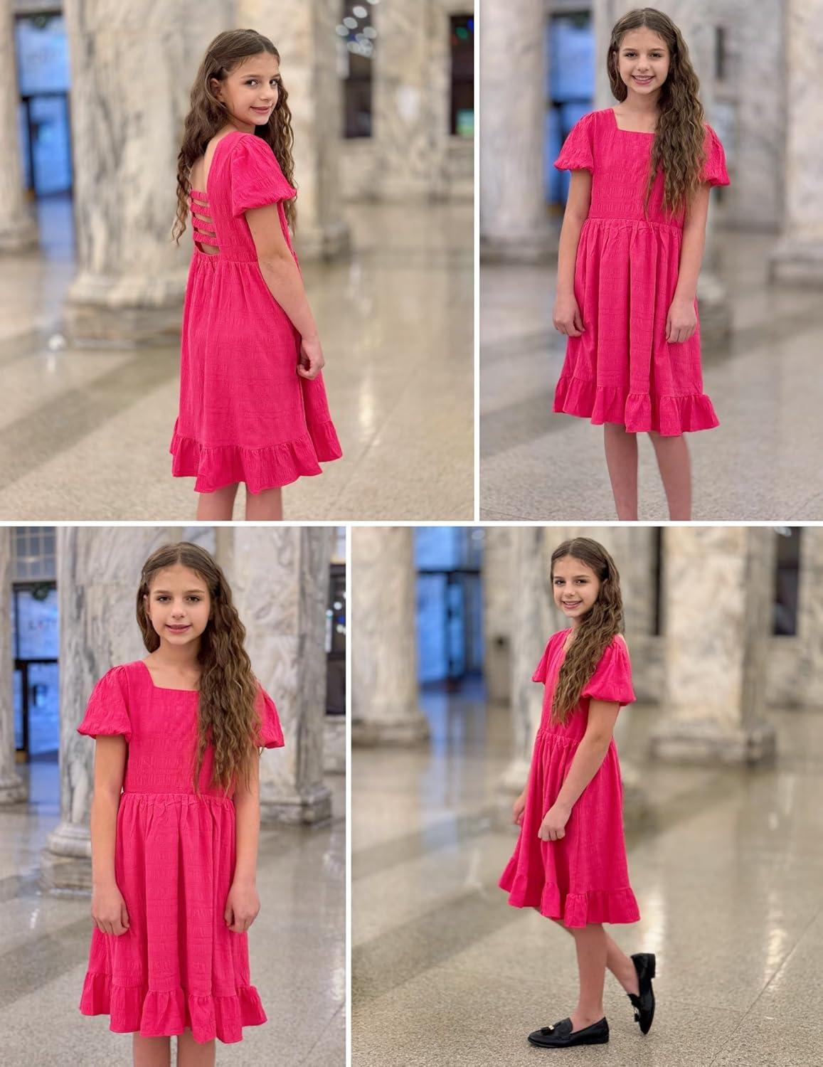 image:imageArshiner Girls Backless Dress Short Sleeve Square Neck Ruffle Hem Elegant DressesRose Red