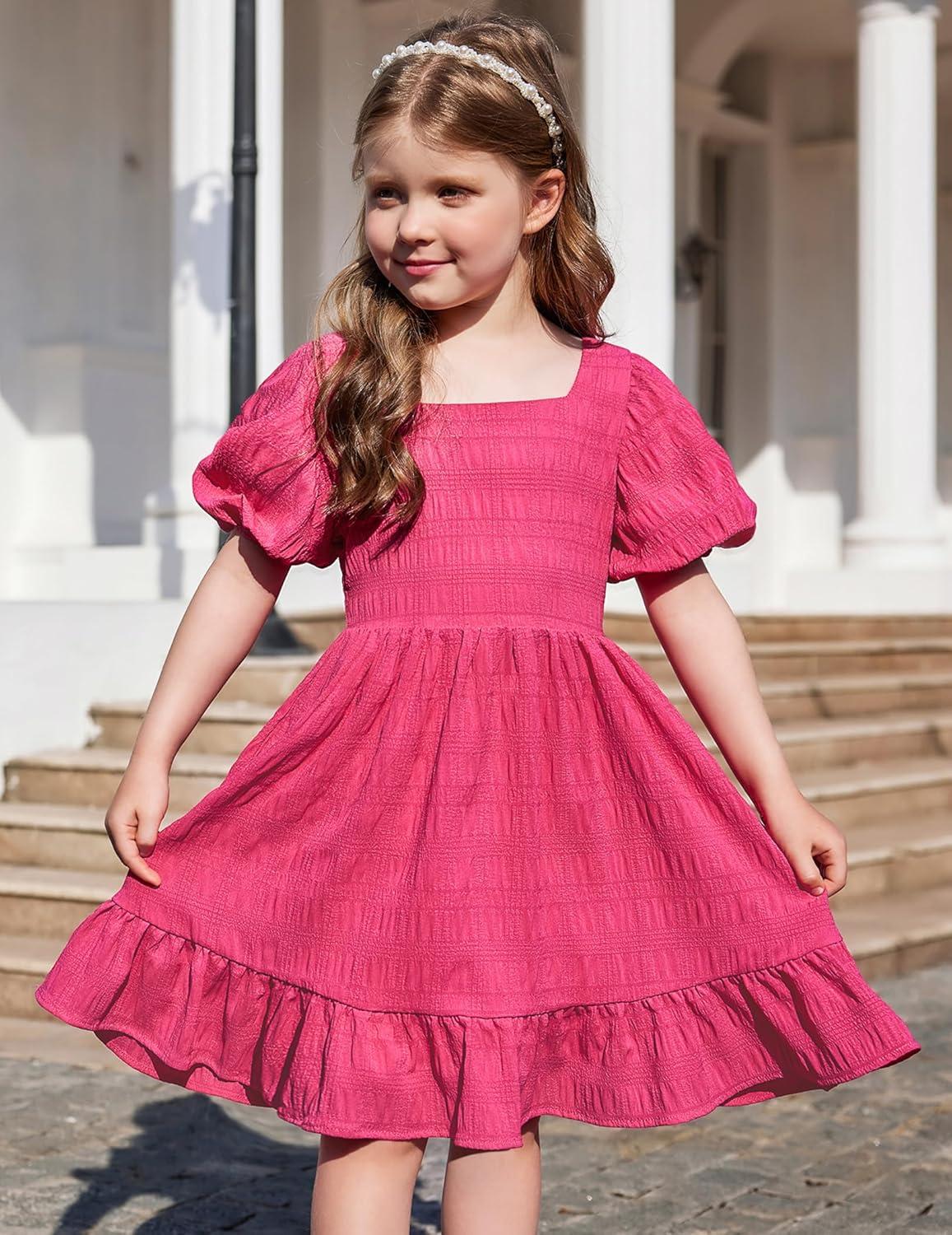 image:imageArshiner Girls Backless Dress Short Sleeve Square Neck Ruffle Hem Elegant DressesRose Red