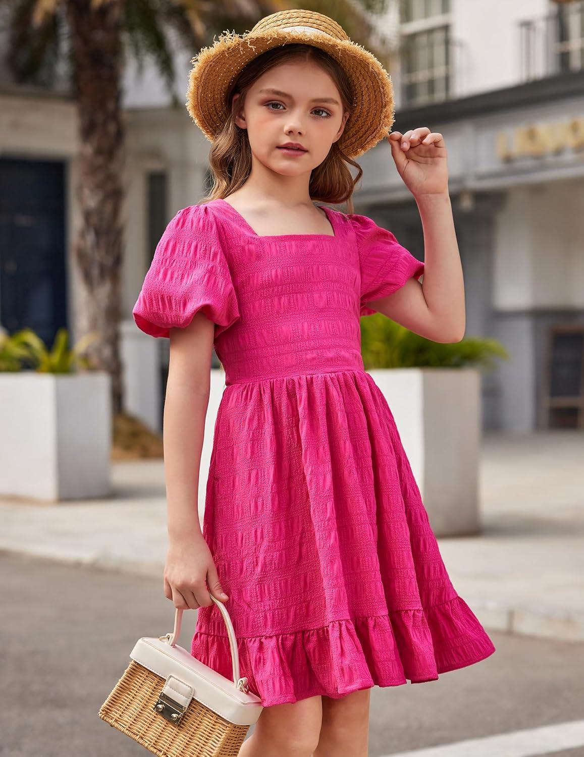 image:imageArshiner Girls Backless Dress Short Sleeve Square Neck Ruffle Hem Elegant DressesRose Red